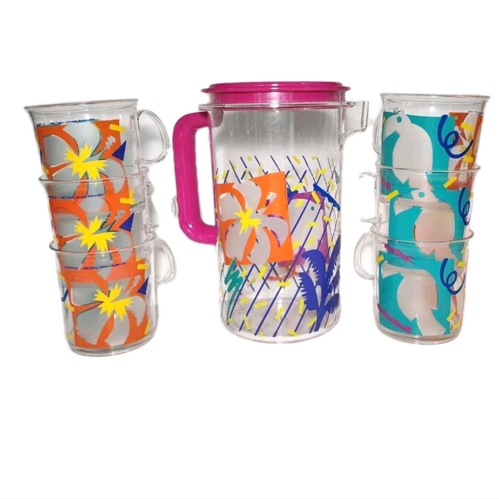 Drink Pitcher Lid & Mug Set Casa Del Sol Cheryl Johnson 1986 Tropical  Mugs